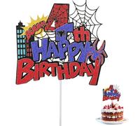 Spider Happy Birthday Cake Topper, Durable Glitter Red and Blue Spider Cartoon Themed Birthday Cake Cupcake Decoration Supplies Suitable for Boys Girls (Number 4)