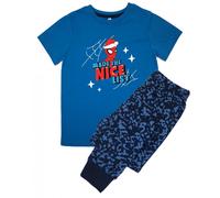 Spider-Man Boy's Nice List Short-Sleeved Long Pyjama Set in Blue | Size: 4-5 Years Spider-Man Blue 4-5 Years