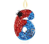 Spider Theme Birthday Candle, Red and Blue Sequin Number Candle with Spider and Spiderweb Embellishment for Birthday Party Theme Party Decor Cake Topper(Number 6)