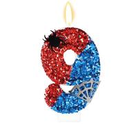 Spider Theme Birthday Candle, Red and Blue Sequin Number Candle with Spider and Spiderweb Embellishment for Birthday Party Theme Party Decor Cake Topper(Number 9)