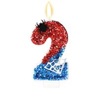 Spider Theme Birthday Candle, Red and Blue Sequin Number Candle with Spider and Spiderweb Embellishment for Birthday Party Theme Party Decor Cake Topper(Number 2)