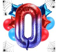 Spider Themed Birthday Balloons Set, 47in Giant Foil Spider Web & 4pcs Star & 4pcs Round Red Blue Balloons Ideal Birthday Cartoon Theme Party Decorations and Favors(Number 0)