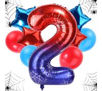 Spider Themed Birthday Balloons Set, 47in Giant Foil Spider Web & 4pcs Star & 4pcs Round Red Blue Balloons Ideal Birthday Cartoon Theme Party Decorations and Favors(Number 2)