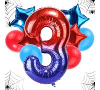 Spider Themed Birthday Balloons Set, 47in Giant Foil Spider Web & 4pcs Star & 4pcs Round Red Blue Balloons Ideal Birthday Cartoon Theme Party Decorations and Favors(Number 3)