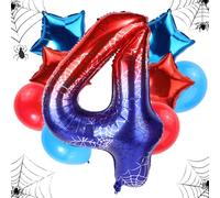 Spider Themed Birthday Balloons Set, 47in Giant Foil Spider Web & 4pcs Star & 4pcs Round Red Blue Balloons Ideal Birthday Cartoon Theme Party Decorations and Favors(Number 4)