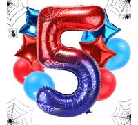 Spider Themed Birthday Balloons Set, 47in Giant Foil Spider Web & 4pcs Star & 4pcs Round Red Blue Balloons Ideal Birthday Cartoon Theme Party Decorations and Favors(Number 5)