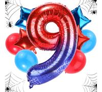Spider Themed Birthday Balloons Set, 47in Giant Foil Spider Web & 4pcs Star & 4pcs Round Red Blue Balloons Ideal Birthday Cartoon Theme Party Decorations and Favors(Number 9)