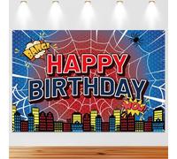 Spider Web Happy Birthday Backdrop, 180x120cm/71x47in Pre-Punched Polyester Banner for Kids Birthday Baby Shower & Party Decorations (Red, Blue)