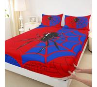 Spider Web Kids Fitted Sheet Double Size,Black Spider Arachnid Insect Animals Bedding Set,Boys Girls Women Men Room Decor,Halloween Gothic Red Blue Unique Bed Sheet,2 Pillowcases(No Flat)