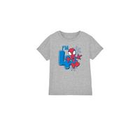 Spiderman Boys Cute Spidey Birthday 4 Unisex Kids T-Shirt, Athletic Heather, 7-8 Years UK