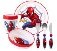 Spiderman Kids 6 Piece Reusable Dinner Set - Cup, Bowl, Plate & Cutlery | Lightweight & Kid-Friendly Dinnerware Set Includes Knife, Fork & Spoon, Toddler Plastic Tableware Set | Easy to Hold Design