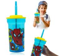 Spiderman Kids Water Tumbler with Straw, 460ml Reusable Plastic Cup with Straw and Lid, BPA Free Sports School Daily Use Tumbler for Kids 4+ Year