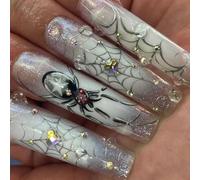 Spiders Web Spirit Press On Nails Silver Glossy ABS Matte Tips For Halloween Cosplay Parties Easy Apply False Hoofs