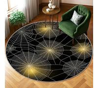 Spiderweb Area Rug, Halloween Gothic Spider Gold Halloween Black Low Pile Round Floor Carpets Edge Binding Rugs for Living Room Bedroom Under Bed Apartment Decor 6' X 6'