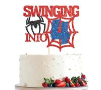 SpiderWeb Theme 4th Birthday Cake Topper, Swinging into 4 Cake Topper, 4th Spider Theme Decorations Party Supplies for Kids