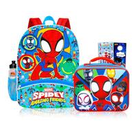 Spidey and Friends Backpack and Lunch Box Set for Boys Bundle w/More | Insulated Lunch Bag & 16in Large Durable Spiderman Bookbag Plus Water Bottle, Stickers, More - Spidey School Supplies
