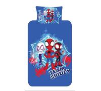 Spidey and His Amazing Friends Bedding Single Duvet Cover Set - Team Spiderman Bedding for Kids - Official Marvel - Polycotton - Spider-Man, Ghost-Spider & Miles Morales Boys Blue Reversible (Single)