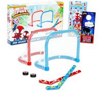 Spidey and His Amazing Friends Mini Tabletop Hockey Game Set - Bundle with 2 Nets, 2 Sticks, 2 Hockey Pucks Plus Stickers, More | Spidey and Friends Desk Tabletop Novelty Party Game