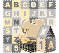 Spielwerk 36pc A-Z Foam Play Mat Tiles, 3.3m² Puzzle Play Mat Beige & Grey | Interlocking Soft Floor Mat for Baby, Toddlers & Kids, Tummy Time Soft Play Flooring, Wipe-Clean Indoor Outdoor Rug
