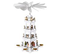 Spielwerk® 4-Tier Wooden Christmas Pyramid Carousel, Advent Candle Holder | Hand-Painted Rotating Christmas Decoration for Home, Traditional Advent Candle Holder, Classic Xmas Décor Centrepiece, White
