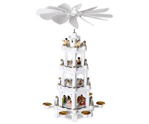 Spielwerk® 4-Tier Wooden Christmas Pyramid Carousel, Advent Candle Holder | Hand-Painted Rotating Christmas Decoration for Home, Traditional Advent Candle Holder, Classic Xmas Décor Centrepiece, White