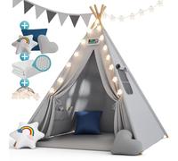 Spielwerk® Kids Teepee with Fairy Lights | Baby Toy Play Tent | 2.5cm Thick Play House Mat | 3 Cushions | 130x130x160cm | Cotton Carry Bag | Toddler Toys | Pearl Grey