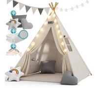 Spielwerk® Kids Teepee with Fairy Lights | Baby Toy Play Tent | 2.5cm Thick Play House Mat | 3 Cushions | 130x130x160cm | Cotton Carry Bag | Toddler Toys | Snow White