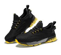 SPIEZ Safety Trainers for Men Women, Air Cushion Composite Toe Work Trainers, Lightweight Breathable Non Steel Toe Shoes Black Blue/Black Yellow UK3-11.5