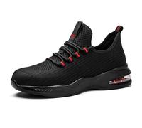 SPIEZ Safety Trainers for Men Women,Air Cushion Composite Toe Work Trainers,Lightweight Breathable,Slip-Resistant, Black/Red UK 10.5