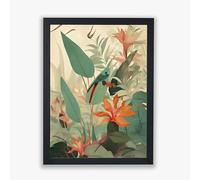 Spiffing Prints Jungle Bloom I - Tropical Bird and Botanical Flower Print in Soft Colours - 20 by 30 Inch Framed Canvas