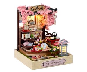 Spilay Miniature House Kits for Adults, Tea And Wagashi Dolls House | Dollhouse with LED Light, 3D Wooden Puzzle Model, House Decor for Desk and Bookshelf, Relaxing Craft Project, Creative Gift