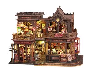 Spilay Victorian Coffee Bookshop Miniature House Kit for Adults with LED Light, Gothic DIY Bookshelf Decor and Wooden Puzzle Gift for Book Lovers