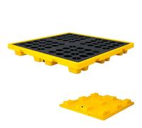 Spill control platform with drain and forklift pockets, stackable modular ton-barrel pallet, polyethylene leak-proof base.