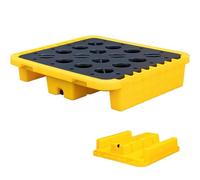 Spill control platform with drain and forklift pockets, stackable modular ton-barrel pallet, polyethylene leak-proof base.