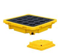 Spill control platform with drain and forklift pockets, stackable modular ton-barrel pallet, polyethylene leak-proof base.