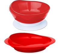 Spill Proof Scoop Plate and Bowl with Non-Skid Suction Base, Suction Cup Bowl, Parkinsons Aids for Living, Specialized Cutlery for the Elderly and People with Disabilities (One Plate+one Bowl) (RED)