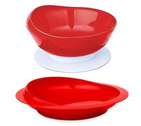 Spill Proof Scoop Plate and Bowl with Suction Base, Adaptive Self-Feeding Dinnerware for Elderly and Disabled, Parkinsons Aids for Living (Red)