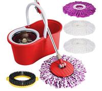 Spin Bucket Mop and Bucket Set 360° Spin Mop Telescopic Handle Floor Mop for Home Cleaning with 4 Reusable Microfiber Pads Wet and Dry (Red)