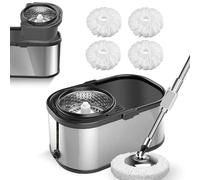 Spin Cycle Mop Bucket System Stainless Steel Bucket and Mop Set 360° Rotating Mop for Floor Cleaning with 6 Microfiber Replacement Head Pad,Adjustable Stainless Steel Mop Handle