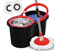 Spin Mop and Bucket Set 360 Spin Wringer Mop for Cleaning Floor Long Handle Extendable Stainless Steel Rotating Mop Bucket with 2 Super Absorbent Mic