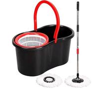 Spin Mop and Bucket Set - Microfibre 360° Flat Mop and Bucket with Wringer - Self-Wringing Spin Mop for Hard Floors, Wood & Tile - 2 Refill Pads - Stainless Steel Handle (Red & Black)