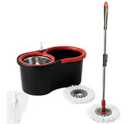 Spin Mop and Bucket Set with 2 Microfibre Mop Heads - 360° Rotating Floor Cleaning Mop with Spin Wringer Bucket, Extendable Stainless Steel Long Handle, Wet and Dry Mop, Black