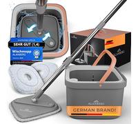 Spin Mop and Bucket Sets [2-Compartment System for Clean/Dirty Water] Flat Mops for Cleaning Floors, Self-Wringing Floor Mop and Bucket Set incl. 2 Microfibre Pads, Grey - ALANBERG®