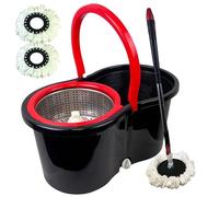 Spin Mop Bucket Set with Spin 360 Wringer and 2 Microfibre Mop Pad Head Telescopic Easy Press Handle with Spin Dry Cleaning Caddy Set-Microfibre Home Cleaning Clean Floor (Black)