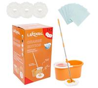 Spin Mop & Buckets Sets - 360° Easy Wring System, Floor Mop Cleaner with Extra 3 Reusable Microfibre Mop Pads & 30 Wipes - Deep Clean for Tile, Laminate, Wood, Vinyl - Orange