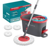 SONGMICS Spin Mop Bucket Set with Pedal Wringer, Floor Cleaning Mop, Adjustable Telescopic Handle 122.5-150 cm, 360° Rotating Head, 3 Microfibre Pads, Grey and Red LMB002GT03