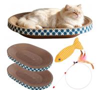 Spindro Cat Scratcher Bed with Toys, 2 Pack Oval Cat Scratcher Cardboard, Indoor Cat Scratch Bowl, Large Pad Cat Scratching Board with Catnip Fish Toy & Feather Wand for Furniture Protector