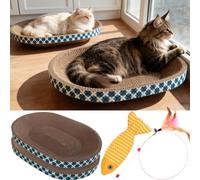 Spindro Cat Scratcher Bed with Toys, 2 Pack Oval Cat Scratcher Cardboard, Indoor Cat Scratch Bowl, Large Pad Cat Scratching Board with Catnip Fish Toy & Feather Wand for Furniture Protector