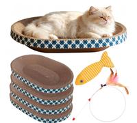Spindro Cat Scratcher Bed with Toys, 4 Pack Oval Cat Scratcher Cardboard, Indoor Cat Scratch Bowl, Large Pad Cat Scratching Board with Catnip Fish Toy & Feather Wand for Furniture Protector