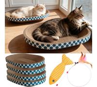 Spindro Cat Scratcher Bed with Toys, 4 Pack Oval Cat Scratcher Cardboard, Indoor Cat Scratch Bowl, Large Pad Cat Scratching Board with Catnip Fish Toy & Feather Wand for Furniture Protector